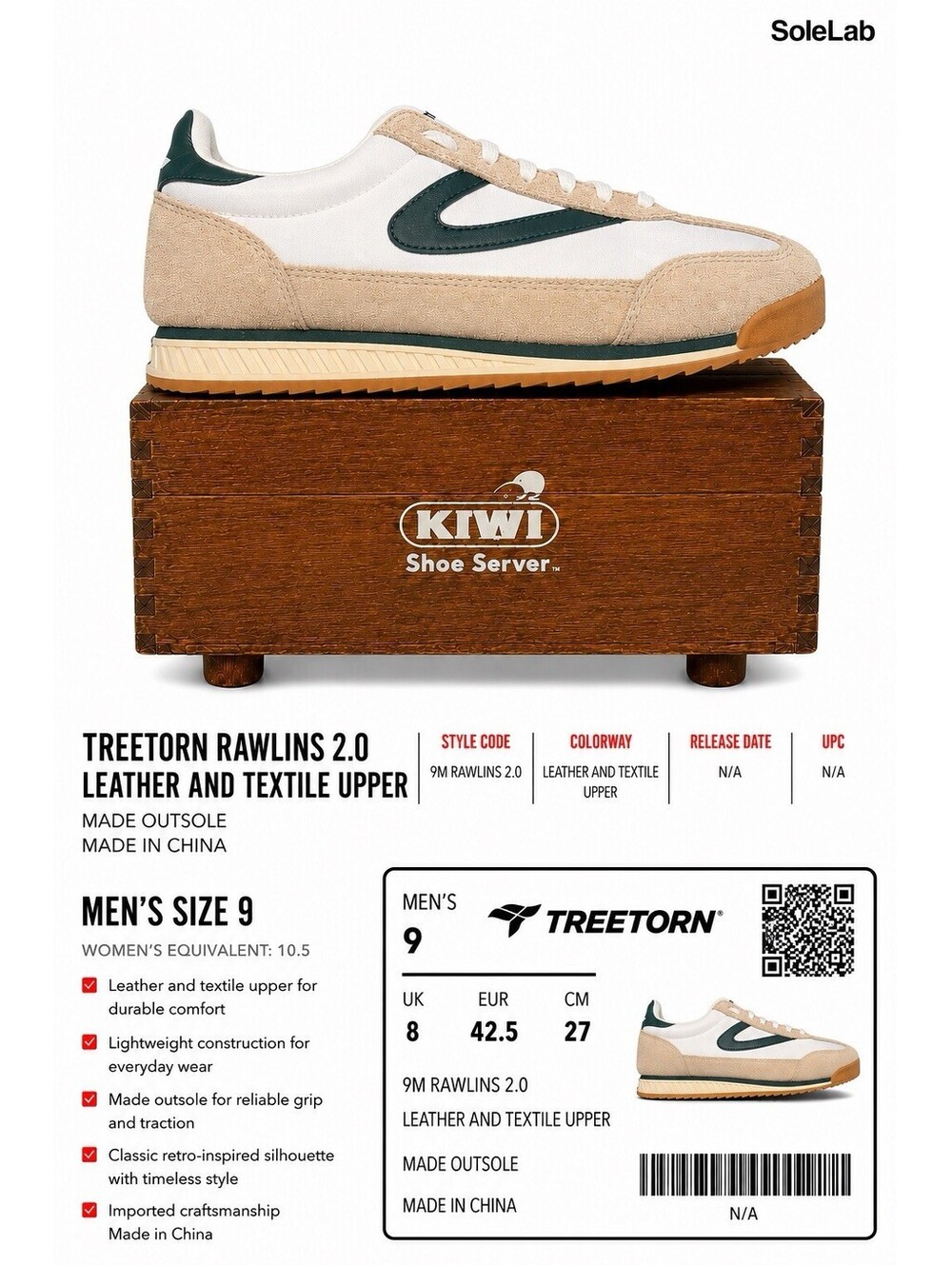 Tretorn Rawlins 2.0 Men’s Size 9 White Green Suede Leather Retro Sneakers